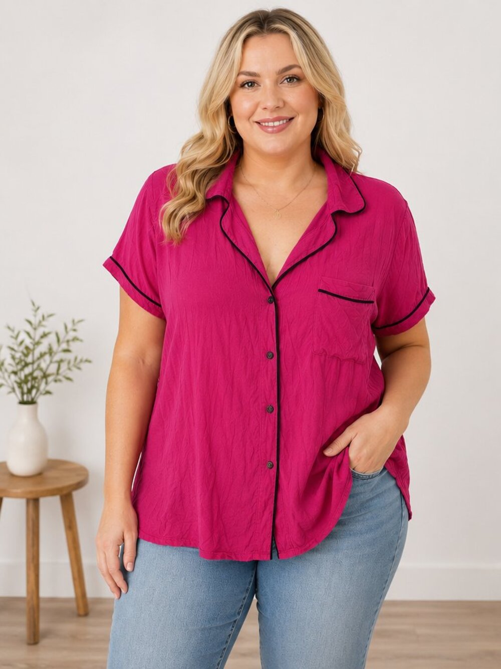 Tahari Pink Button Front Pajama Top Women's XL Short Sleeve Sleep Shirt